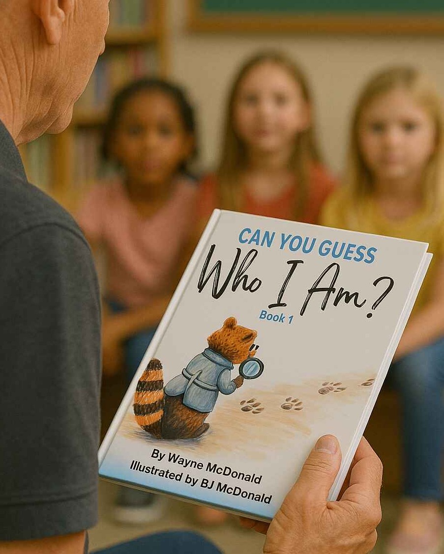 Wayne McDonald reading animal poems to a group of elementary school children in a classroom setting